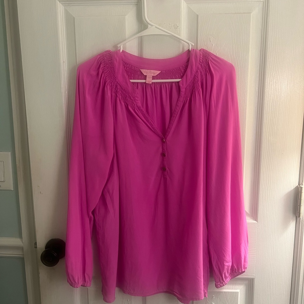 Lilly Pulitzer Bright Pink Smocked Yoke Button-Front Blouse